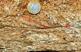 Relatively low-strain S-C development in granite along the S margin of the Patos Shear Zone.